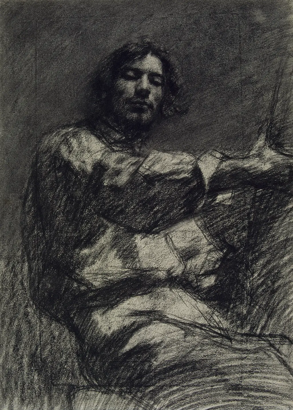 Young Man (Self Portrait) Sitting, Study Drawing in Detail Gustave Courbet